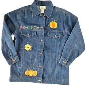 Quacker Factory Blue Denim Jacket Size M Fall Pumpkins Scarecrow Sunflowers